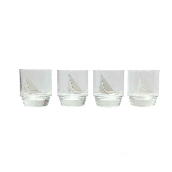 Old Fashioned Glass Dining Vintage 98s Set Of 4 Sail Boat Stackable